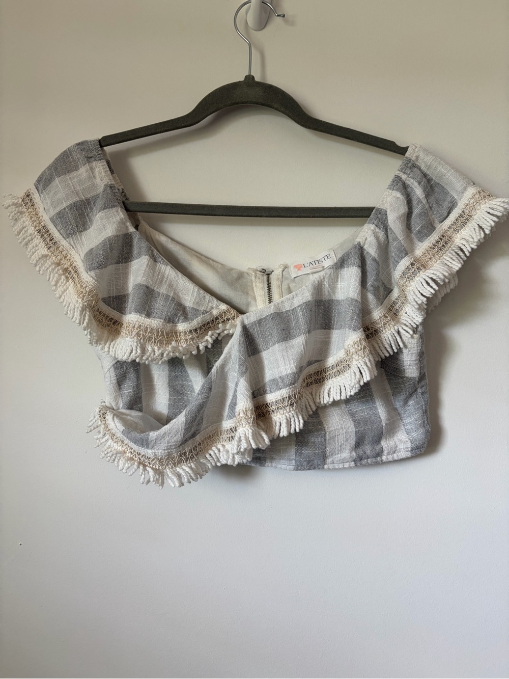 L’Atiste cropped ruffle wrap top striped boho festival size L linen